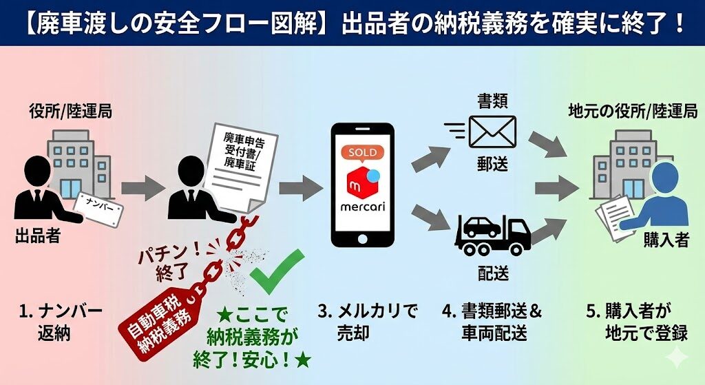 【廃車渡しの安全フロー図解】
1. 出品者が役所/陸運局でナンバーを返納 → 2. 「廃車申告受付書（または廃車証）」を受け取る → 3. メルカリで売却 → 4. 書類を郵送し、車両を配送 → 5. 購入者がその書類を持って自分の地元で登録。