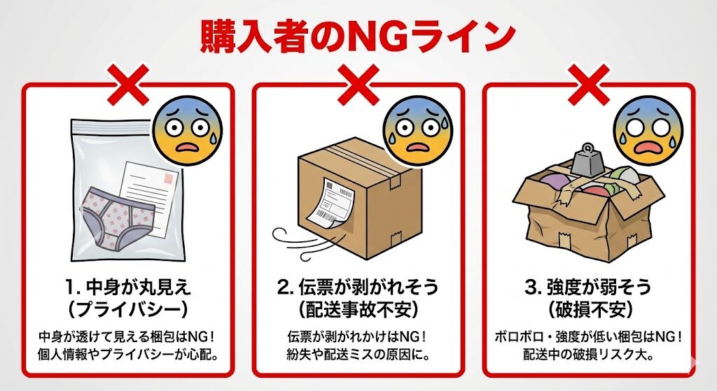 購入者のNGライン」を視覚化。1.中身が丸見え(プライバシー)、2.伝票が剥がれそう(配送事故不安)、3.強度が弱そう(破損不安)の3点