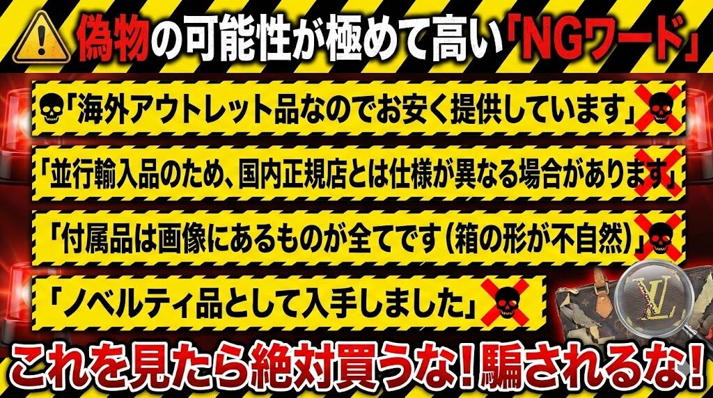  偽物の可能性が極めて高い「メルカリNGワード」
・「海外アウトレット品なのでお安く提供しています」
・「並行輸入品のため、国内正規店とは仕様が異なる場合があります」
・「付属品は画像にあるものが全てです（箱の形が不自然）」
・「ノベルティ品として入手しました」